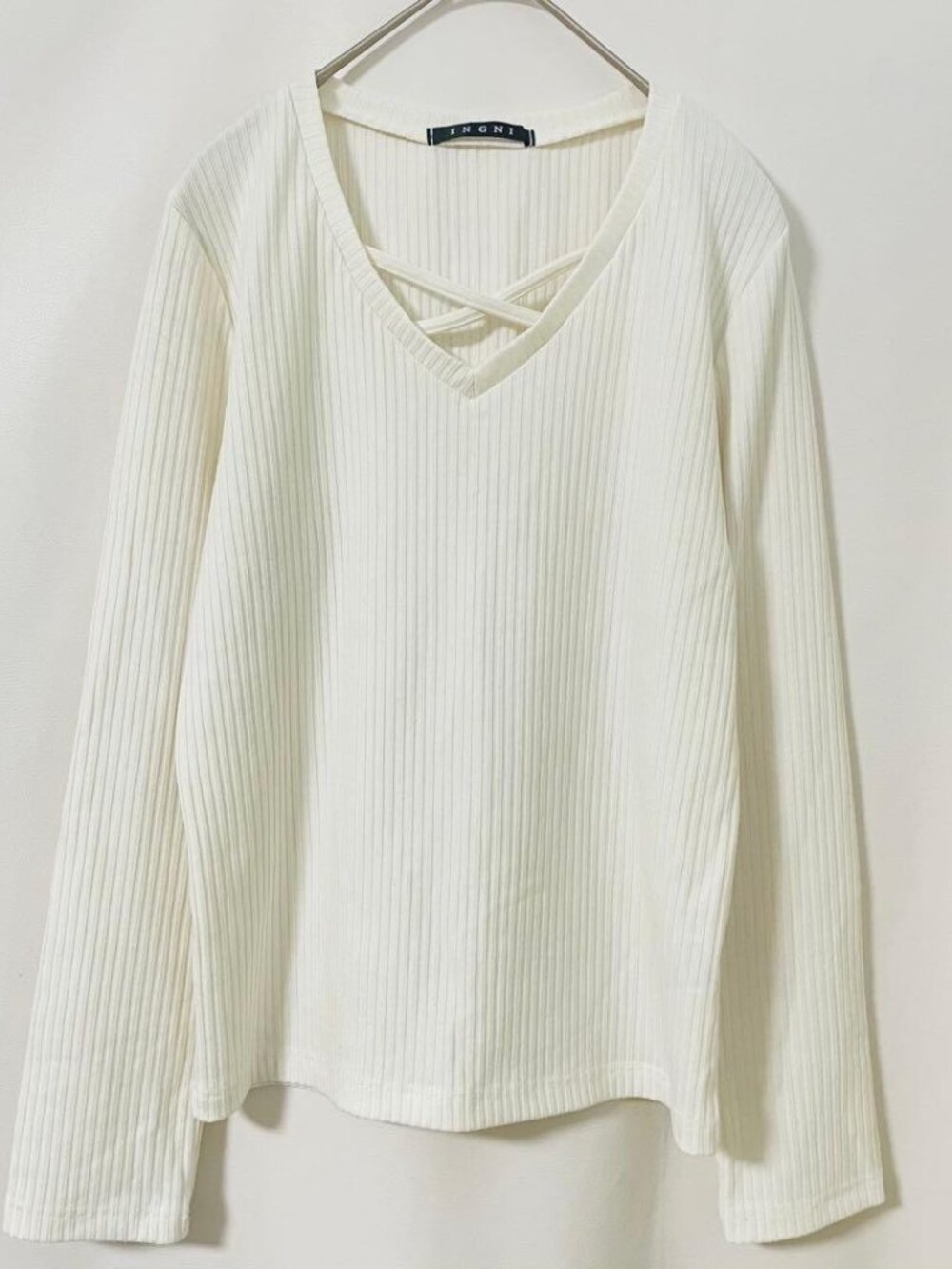 Lepsie V-neck Ribbed Knit Top White Size L